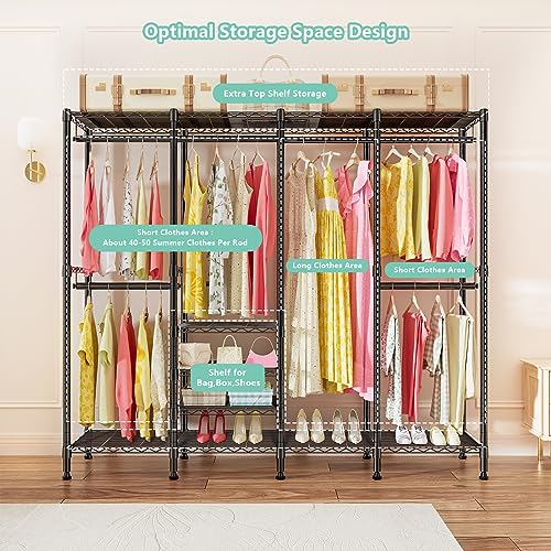 SEMHOR S5 Clothes Rack Heavy Duty Clothing Rack with 7 Shelves & 4 Hang Rods, Freestanding Metal Garment Racks for Hanging Clothes, Black Portable Wardrobe Closet 15.8"W X 76"L X 75.6"H, Load 920LBS