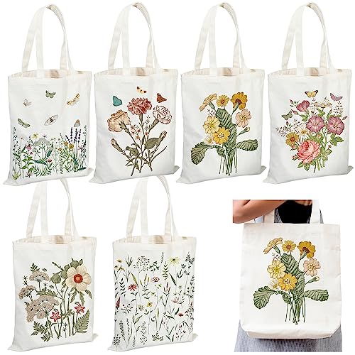 Silkfly 6 Pcs Aesthetic Canvas Tote Bag for Women Cute Tote Bag Funny Book Tote with Library Reusable Grocery Bag (Butterfly and Flower)