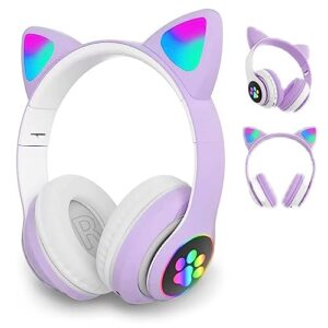 yq77 wireless kids headphones, cute cat ear led light up foldable over-ear bluetooth headphones with microphone for ipad/smartphones/pc/kindle/tablet/laptop, best gifts for kids teens adults (purple)