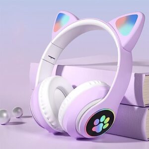 YQ77 Wireless Kids Headphones, Cute Cat Ear LED Light Up Foldable Over-Ear Bluetooth Headphones with Microphone for iPad/Smartphones/PC/Kindle/Tablet/Laptop, Best Gifts for Kids Teens Adults (Purple)