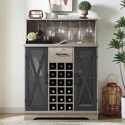 Warmiehomy Wine Bar Cabinet,Industrial Wine Cabinet Wood Sideboard with Liquor and Glasses Coffee Bar Cabinet with Wine Rack Liquor Cabinet for Home,Kitchen,Courtyard Dining Room(35inch,Gray)