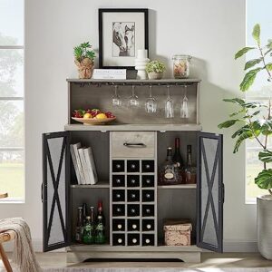 Warmiehomy Wine Bar Cabinet,Industrial Wine Cabinet Wood Sideboard with Liquor and Glasses Coffee Bar Cabinet with Wine Rack Liquor Cabinet for Home,Kitchen,Courtyard Dining Room(35inch,Gray)