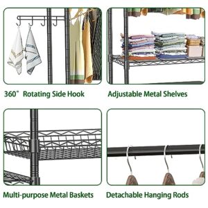 YEPOTUE Clothes Drying Rack, 4 Tiers Laundry Room Organization and Storage with Adjustable Shelves, Heavy-Duty Over Washer and Dryer Shelves Space Saver Closet Rack Towel Storage Black