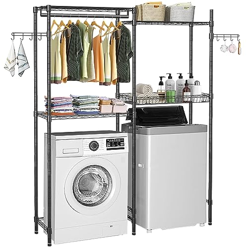 YEPOTUE Clothes Drying Rack, 4 Tiers Laundry Room Organization and Storage with Adjustable Shelves, Heavy-Duty Over Washer and Dryer Shelves Space Saver Closet Rack Towel Storage Black