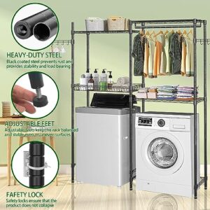 YEPOTUE Clothes Drying Rack, 4 Tiers Laundry Room Organization and Storage with Adjustable Shelves, Heavy-Duty Over Washer and Dryer Shelves Space Saver Closet Rack Towel Storage Black