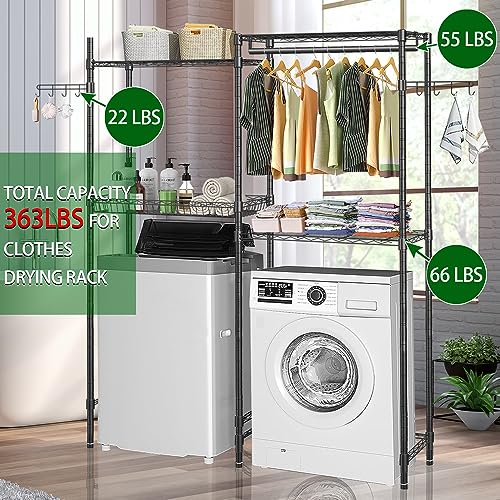 YEPOTUE Clothes Drying Rack, 4 Tiers Laundry Room Organization and Storage with Adjustable Shelves, Heavy-Duty Over Washer and Dryer Shelves Space Saver Closet Rack Towel Storage Black