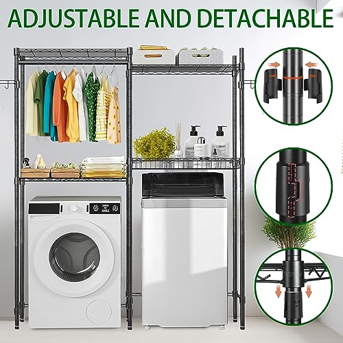 YEPOTUE Clothes Drying Rack, 4 Tiers Laundry Room Organization and Storage with Adjustable Shelves, Heavy-Duty Over Washer and Dryer Shelves Space Saver Closet Rack Towel Storage Black