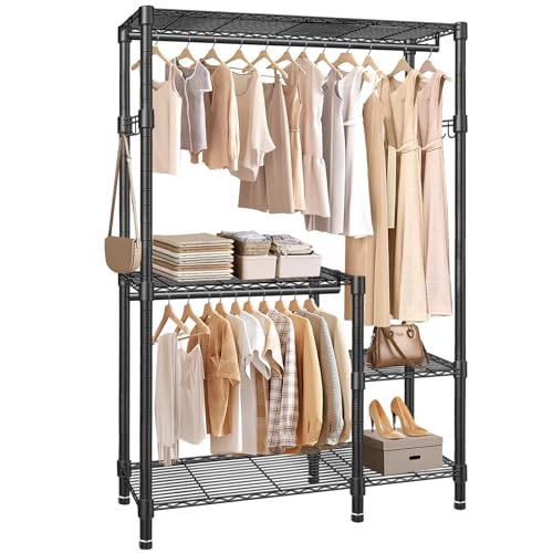 YEPOTUE Portable Closet Organizer System Heavy Duty Garment Rack, 4 Tiers Adjustable Clothes Rack Freestanding Wardrobe Storage Clothing Rack for Hanging Clothes, 79" H*45" W*16.5" D, Black