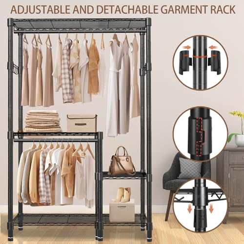 YEPOTUE Portable Closet Organizer System Heavy Duty Garment Rack, 4 Tiers Adjustable Clothes Rack Freestanding Wardrobe Storage Clothing Rack for Hanging Clothes, 79" H*45" W*16.5" D, Black