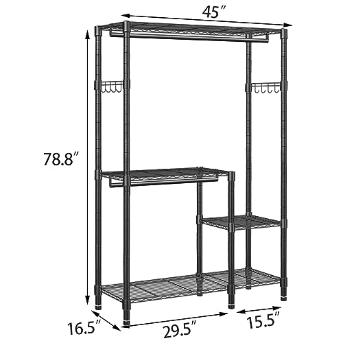 YEPOTUE Portable Closet Organizer System Heavy Duty Garment Rack, 4 Tiers Adjustable Clothes Rack Freestanding Wardrobe Storage Clothing Rack for Hanging Clothes, 79" H*45" W*16.5" D, Black