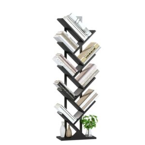 yusong tree bookshelf, geometric bookcase with steel pipe for living room bedroom, floor standing books shelves for home office (black, 9 tier)