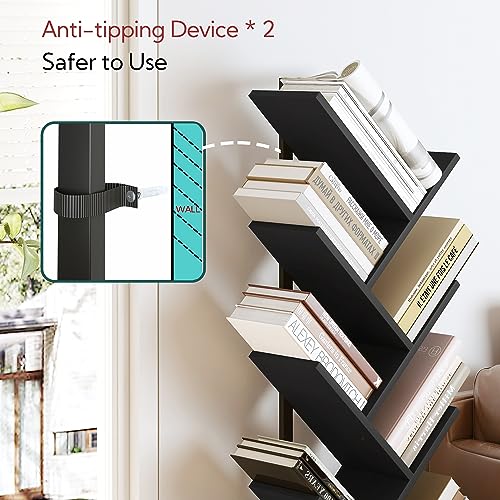 Yusong Tree Bookshelf, Geometric Bookcase with Steel Pipe for Living Room Bedroom, Floor Standing Books Shelves for Home Office (Black, 9 Tier)