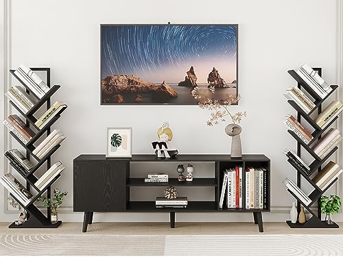 Yusong Tree Bookshelf, Geometric Bookcase with Steel Pipe for Living Room Bedroom, Floor Standing Books Shelves for Home Office (Black, 9 Tier)