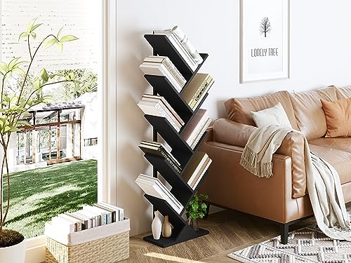 Yusong Tree Bookshelf, Geometric Bookcase with Steel Pipe for Living Room Bedroom, Floor Standing Books Shelves for Home Office (Black, 9 Tier)