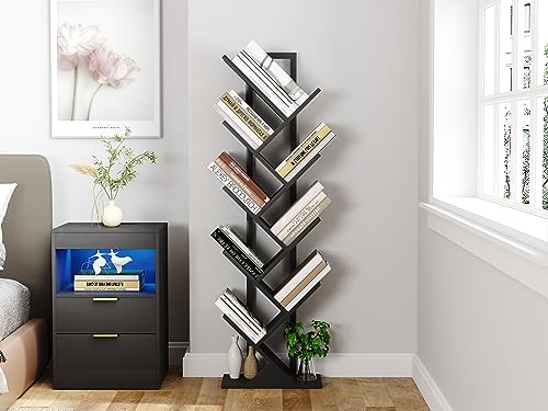 Yusong Tree Bookshelf, Geometric Bookcase with Steel Pipe for Living Room Bedroom, Floor Standing Books Shelves for Home Office (Black, 9 Tier)