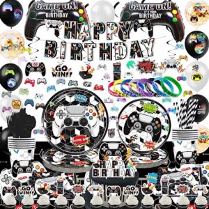 gamer birthday party decoration - 275pcs black white video game gaming party supplies for boys birthday party - table cover, plates, cups, napkins, utensils, hanging swirls, birthday banner, cupcake topper, cake topper, stickers, bracelets & balloons serv