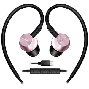hmusic sports earbuds wired with microphone, usb type c metal shell earplugs in-ear headphones with over ear hook earphones for sports, running, workout, exercising, gym (pink)