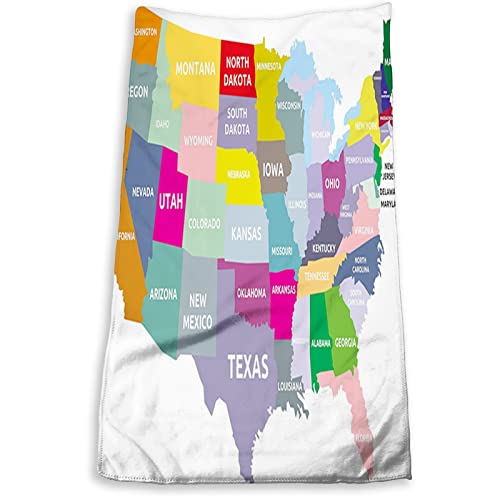 Map Hand Towel for Bathroom Home Kitchen Dish Towels,USA Map with Name of States in Colorful,Towel for Cooking and Baking,Multicolor - 12X27.5 inch