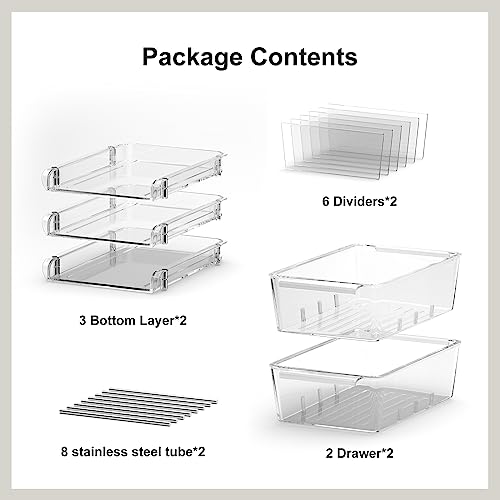 CNDREAM 3 Tier Clear Bathroom Organizer with Dividers 2 Pack, Multi-Purpose Slide-Out Storage Container,Bathroom Vanity Counter Organizing Tray,Under Sink Organizers and Storage