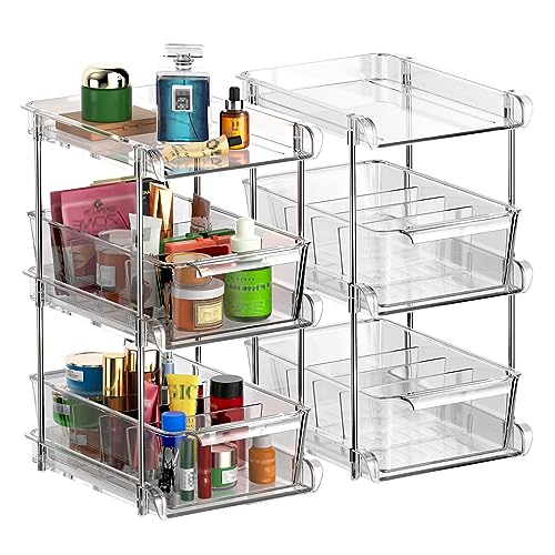 CNDREAM 3 Tier Clear Bathroom Organizer with Dividers 2 Pack, Multi-Purpose Slide-Out Storage Container,Bathroom Vanity Counter Organizing Tray,Under Sink Organizers and Storage