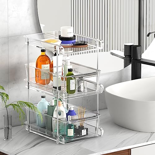 CNDREAM 3 Tier Clear Bathroom Organizer with Dividers 2 Pack, Multi-Purpose Slide-Out Storage Container,Bathroom Vanity Counter Organizing Tray,Under Sink Organizers and Storage