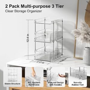 CNDREAM 3 Tier Clear Bathroom Organizer with Dividers 2 Pack, Multi-Purpose Slide-Out Storage Container,Bathroom Vanity Counter Organizing Tray,Under Sink Organizers and Storage