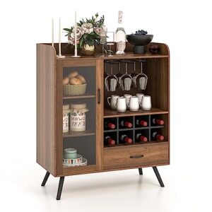 loko wine bar cabinet, farmhouse coffee bar cabinet with tempered glass door, 3-row glass holder & 8-grid wine rack, buffet sideboard with wine display, rustic brown