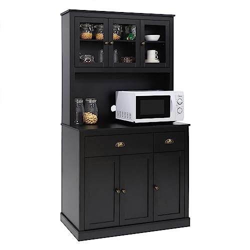 MUPATER Kitchen Pantry Storage Cabinet with Microwave Stand, 71'' Freestanding Hutch Cabinet with Buffet Cupboard, Drawers and Glass Doors for Home Office, Black