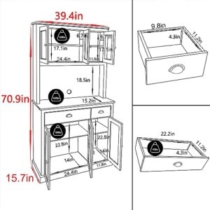 MUPATER Kitchen Pantry Storage Cabinet with Microwave Stand, 71'' Freestanding Hutch Cabinet with Buffet Cupboard, Drawers and Glass Doors for Home Office, Black