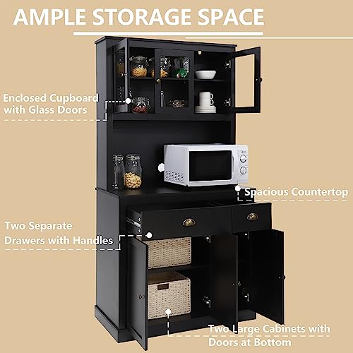 MUPATER Kitchen Pantry Storage Cabinet with Microwave Stand, 71'' Freestanding Hutch Cabinet with Buffet Cupboard, Drawers and Glass Doors for Home Office, Black