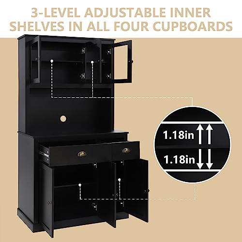 MUPATER Kitchen Pantry Storage Cabinet with Microwave Stand, 71'' Freestanding Hutch Cabinet with Buffet Cupboard, Drawers and Glass Doors for Home Office, Black