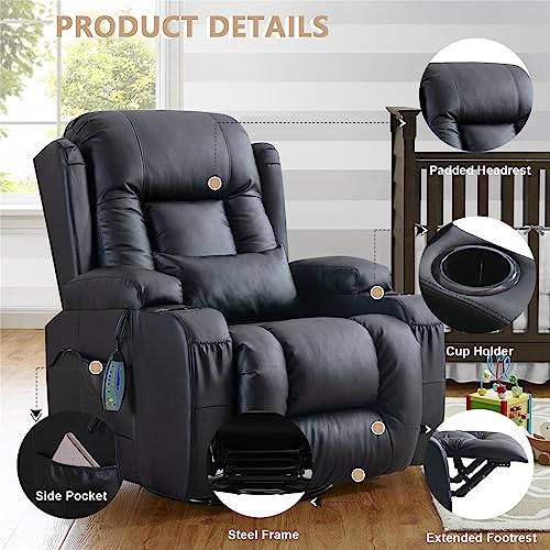 IPKIG Recliner Chair, Massage Swivel Rocker Recliner Chairs with Vibration Massage and Heat, Rocking Function, Side Pocket, 2 Cup Holders, Lumbar Pillow, Ergonomic Lounge Chair for Living Room (Black)