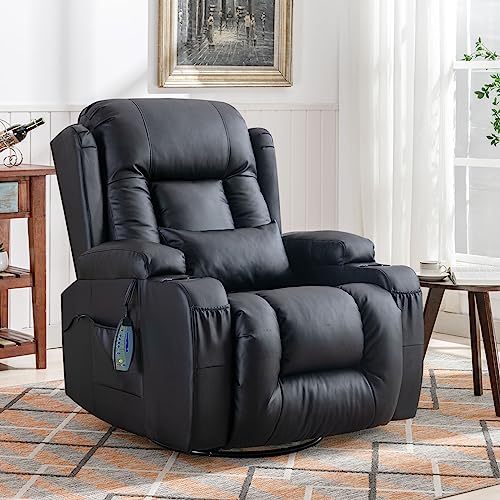 IPKIG Recliner Chair, Massage Swivel Rocker Recliner Chairs with Vibration Massage and Heat, Rocking Function, Side Pocket, 2 Cup Holders, Lumbar Pillow, Ergonomic Lounge Chair for Living Room (Black)