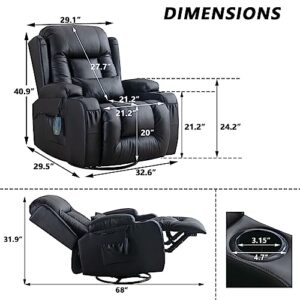 IPKIG Recliner Chair, Massage Swivel Rocker Recliner Chairs with Vibration Massage and Heat, Rocking Function, Side Pocket, 2 Cup Holders, Lumbar Pillow, Ergonomic Lounge Chair for Living Room (Black)