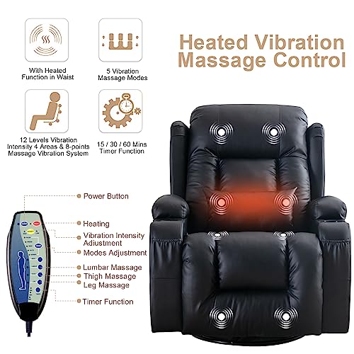 IPKIG Recliner Chair, Massage Swivel Rocker Recliner Chairs with Vibration Massage and Heat, Rocking Function, Side Pocket, 2 Cup Holders, Lumbar Pillow, Ergonomic Lounge Chair for Living Room (Black)