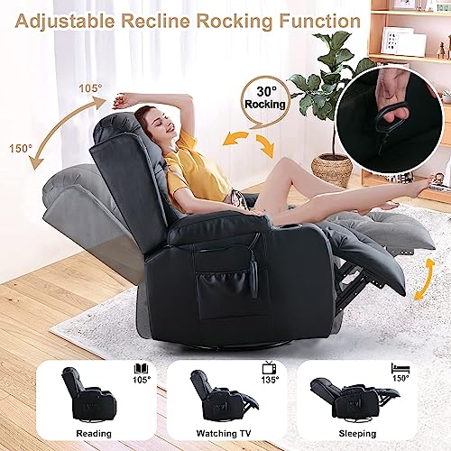 IPKIG Recliner Chair, Massage Swivel Rocker Recliner Chairs with Vibration Massage and Heat, Rocking Function, Side Pocket, 2 Cup Holders, Lumbar Pillow, Ergonomic Lounge Chair for Living Room (Black)