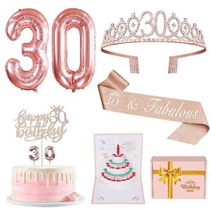 30th birthday decorations women, include 30th birthday sash and tiara, birthday cake topper and 30 birthday candles, 30 balloons, 3d birthday card, 30th birthday gifts for women