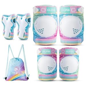 sulifeel rainbow unicorn knee pads for kids knee elbow pads wrist guards with drawstring bag adjustable protective gear set for girls boys roller skating bike scooter gradient colors medium