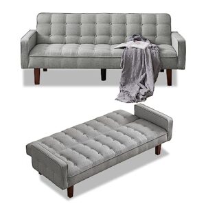 vipnew convertible futon sofa bed, modern tufted loveseat sofa sleeper, linen 3 seater couch for living room, bedroom, apartment, grey