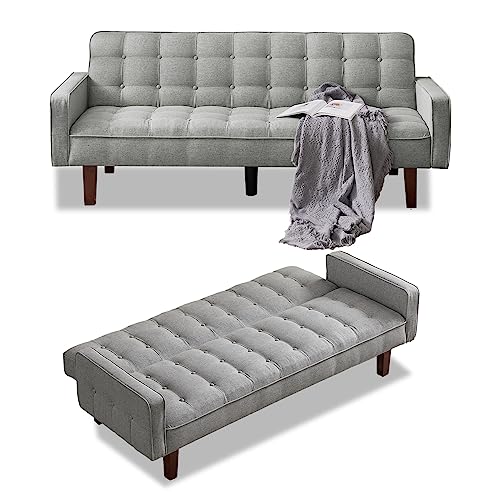 VIPNEW Convertible Futon Sofa Bed, Modern Tufted Loveseat Sofa Sleeper, Linen 3 Seater Couch for Living Room, Bedroom, Apartment, Grey