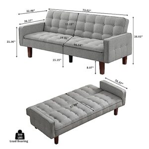 VIPNEW Convertible Futon Sofa Bed, Modern Tufted Loveseat Sofa Sleeper, Linen 3 Seater Couch for Living Room, Bedroom, Apartment, Grey