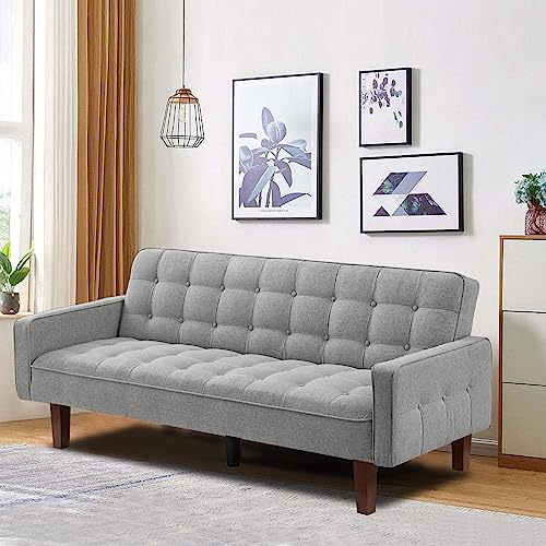 VIPNEW Convertible Futon Sofa Bed, Modern Tufted Loveseat Sofa Sleeper, Linen 3 Seater Couch for Living Room, Bedroom, Apartment, Grey