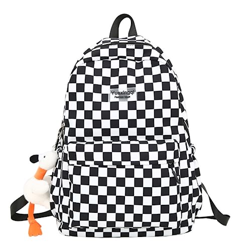 MININAI Y2K Aesthetic Checkered Backpack with Kawaii Pendant Checkerboard Backpack Cute Preppy Laptop Backpack Light Rucksack (One Size,Black)