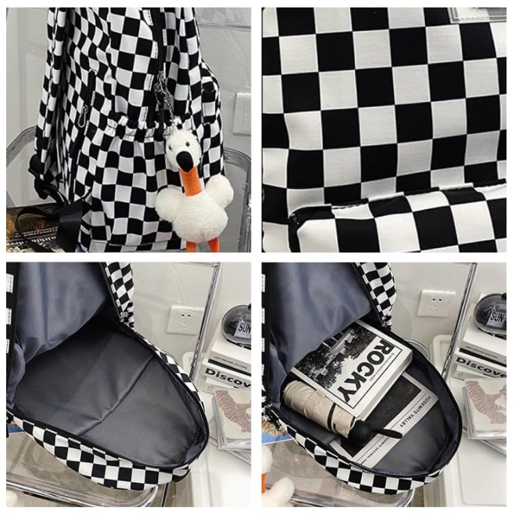 MININAI Y2K Aesthetic Checkered Backpack with Kawaii Pendant Checkerboard Backpack Cute Preppy Laptop Backpack Light Rucksack (One Size,Black)