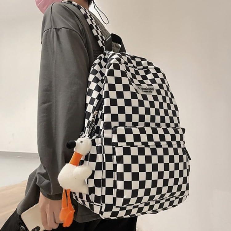 MININAI Y2K Aesthetic Checkered Backpack with Kawaii Pendant Checkerboard Backpack Cute Preppy Laptop Backpack Light Rucksack (One Size,Black)