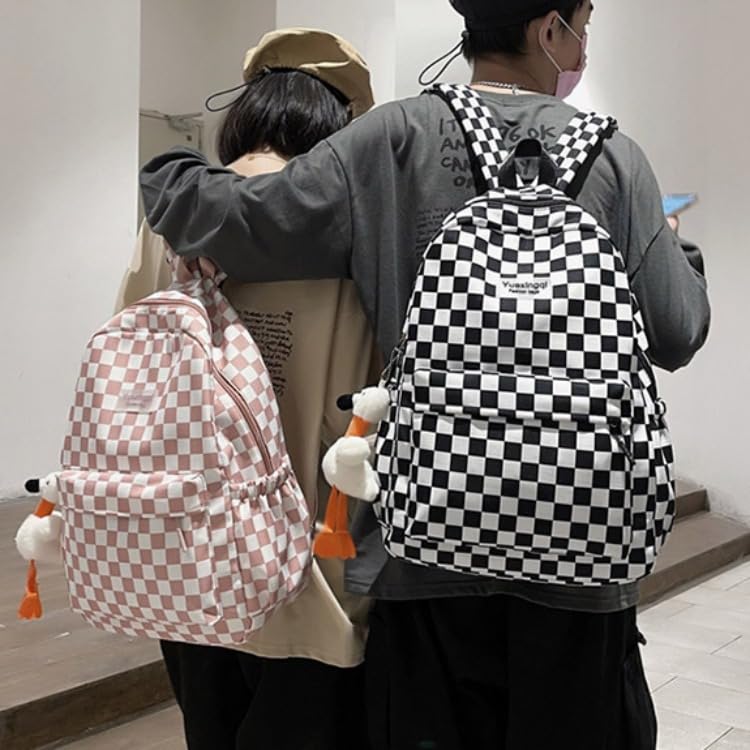 MININAI Y2K Aesthetic Checkered Backpack with Kawaii Pendant Checkerboard Backpack Cute Preppy Laptop Backpack Light Rucksack (One Size,Black)