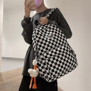 MININAI Y2K Aesthetic Checkered Backpack with Kawaii Pendant Checkerboard Backpack Cute Preppy Laptop Backpack Light Rucksack (One Size,Black)