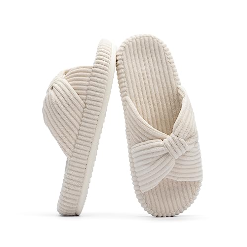 Chantomoo Slippers for Women Memory Foam House Bedroom Corduroy Bow Crossbands Slide Slipper Shoes Comfy Trendy Gift Slippers Beige Size7 8 6..5