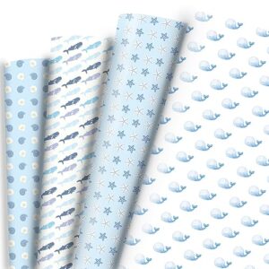 dtiafu ocean wrapping paper for boys girls - 8 sheets 4 style sea blue gift wrapping paper with cute whale starfish sea snall designs for 1st birthday baby shower - 20 x 28inch per sheet(folded flat)