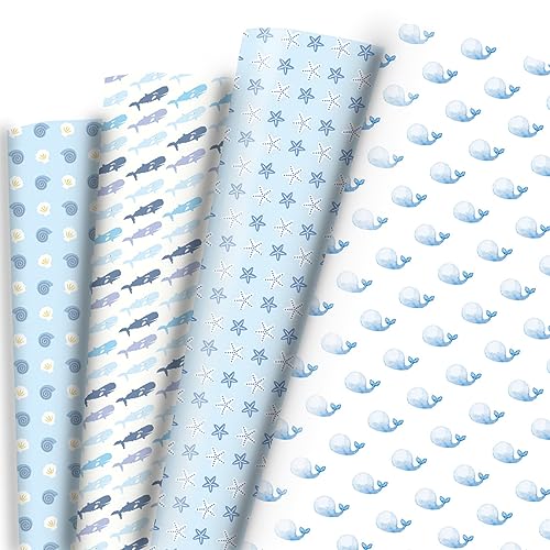 Dtiafu Ocean Wrapping paper for Boys Girls - 8 Sheets 4 Style Sea Blue Gift Wrapping Paper with Cute Whale Starfish Sea Snall Designs for 1st Birthday Baby Shower - 20 X 28inch Per Sheet(Folded Flat)